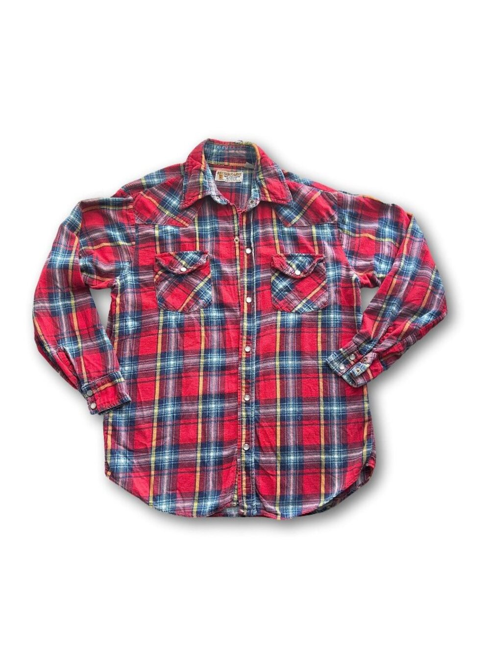 Vintage 60s Western Flannel Red Blue Double Preshrunk Pearl Snap Button Size M